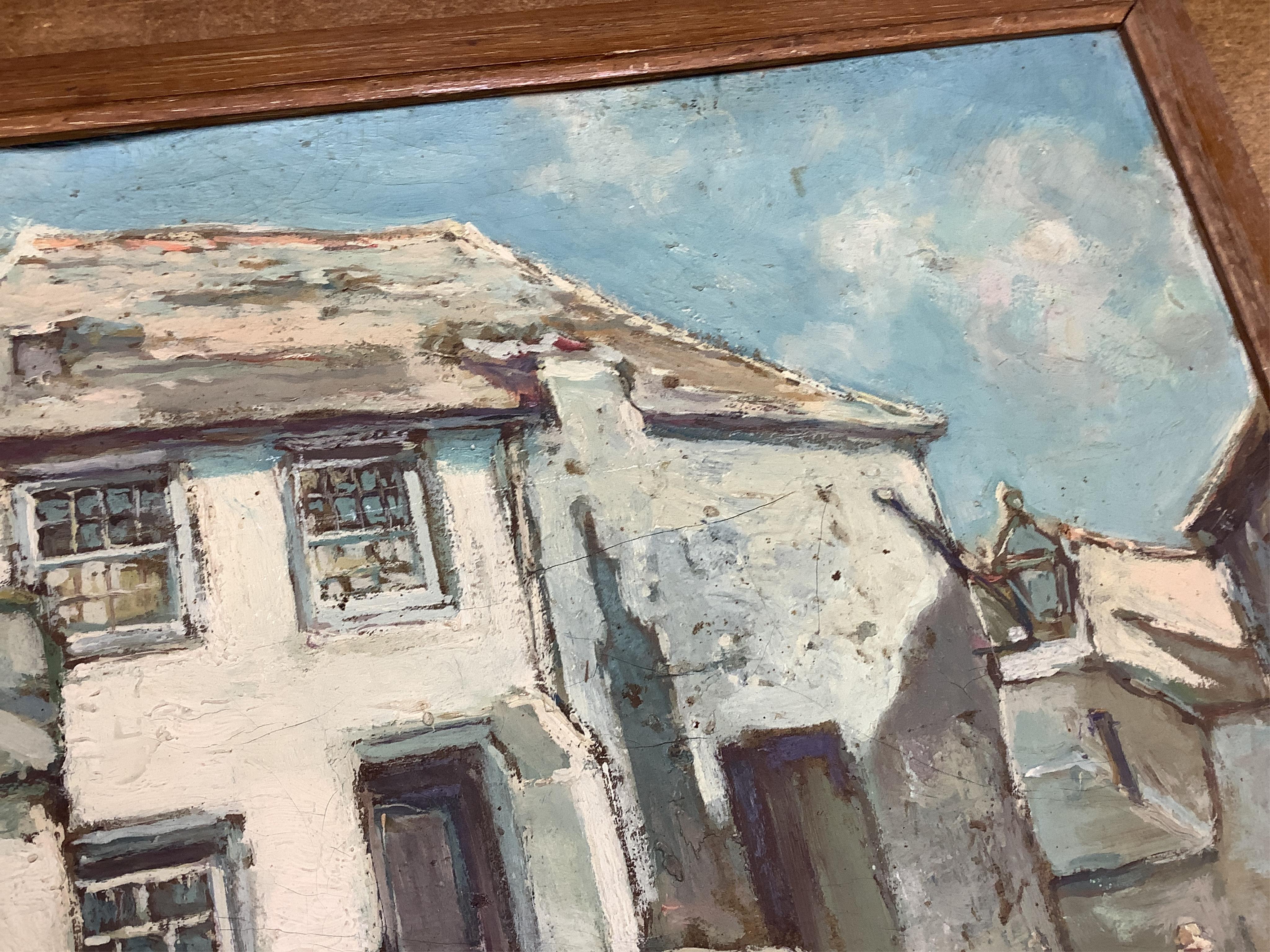 Hurst Balmford (1871-1950), Coastal view, harbour view and street scene, each signed, set of three oils on canvas laid onto board, 40 x 50cm
